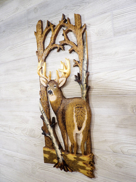 Whitetailed Deer Relief Wood Carving - "Checkin' His Backtrail"