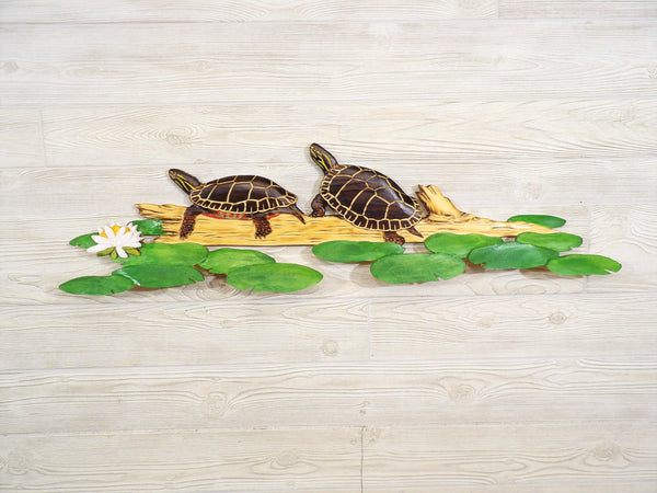 Painted Turtle Relief Wood Carving - "Painted turtles w/ Lily Pads"