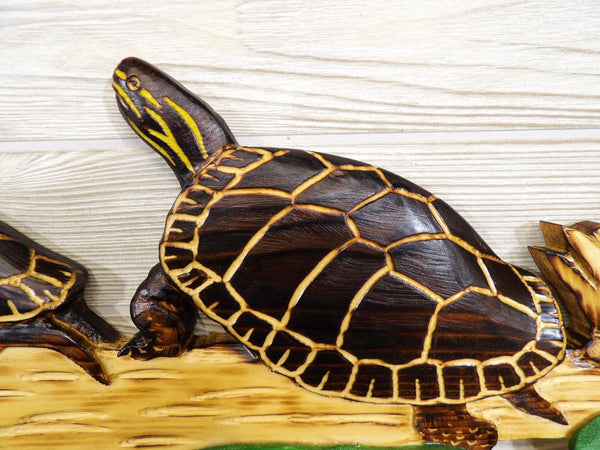 Painted Turtle Relief Wood Carving - "Painted turtles w/ Lily Pads"