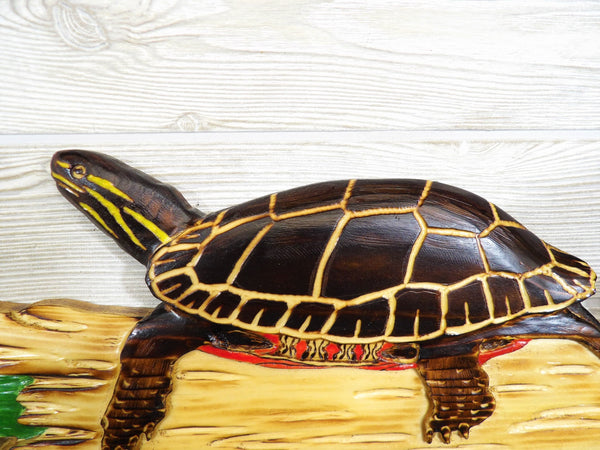 Painted Turtle Relief Wood Carving - "Painted turtles w/ Lily Pads"