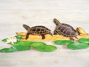 Painted Turtle Relief Wood Carving - "Painted turtles w/ Lily Pads"