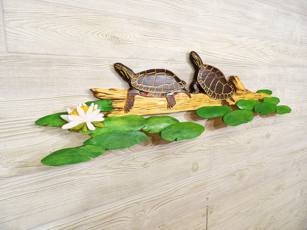 Painted Turtle Relief Wood Carving - "Painted turtles w/ Lily Pads"