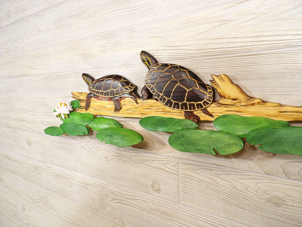 Painted Turtle Relief Wood Carving - "Painted turtles w/ Lily Pads"