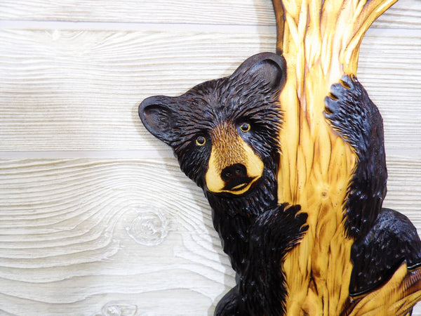 Black Bear Cub Relief Wood Carving - "Peek-a-Boo"