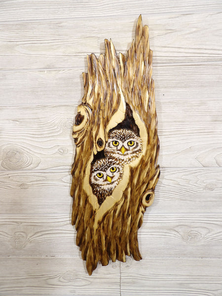 Little Owl Relief Wood Carving - "2 Little Owls Cozy Hollow"