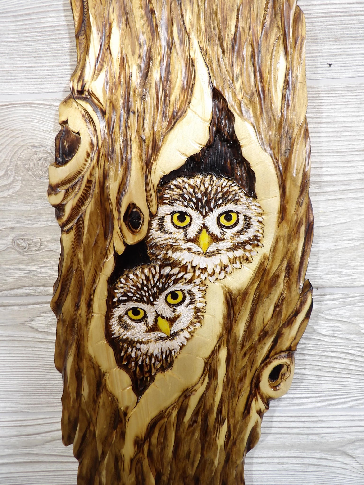 Little Owl Relief Wood Carving - "2 Little Owls Cozy Hollow"