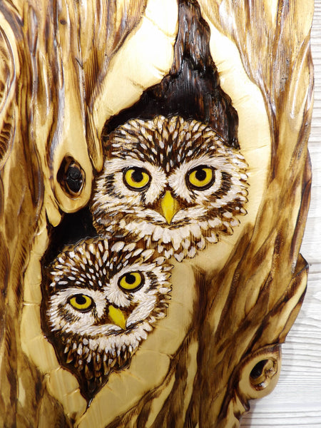 Little Owl Relief Wood Carving - "2 Little Owls Cozy Hollow"