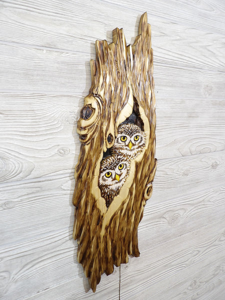 Little Owl Relief Wood Carving - "2 Little Owls Cozy Hollow"