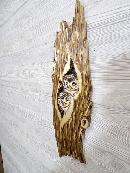 Little Owl Relief Wood Carving - "2 Little Owls Cozy Hollow"