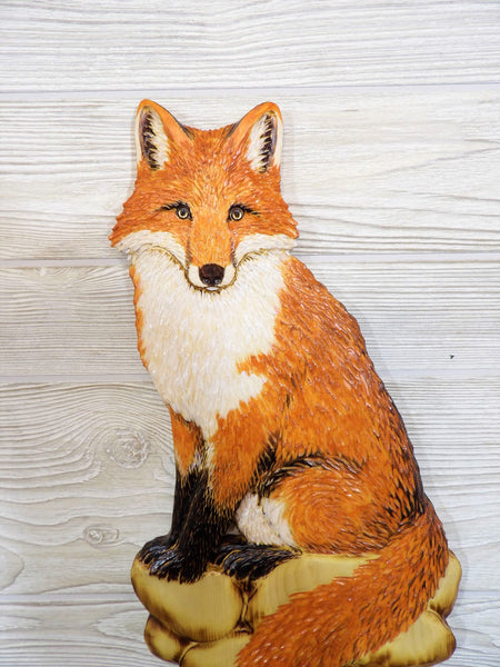 Red Fox Relief Wood Carving - "Red Fox on Rocks"