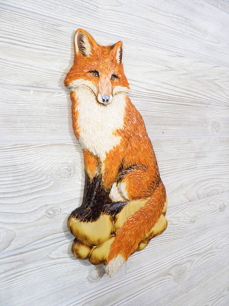 Red Fox Relief Wood Carving - "Red Fox on Rocks"