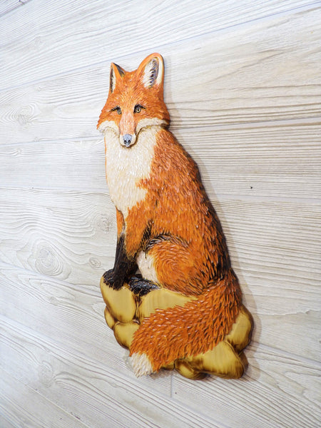 Red Fox Relief Wood Carving - "Red Fox on Rocks"