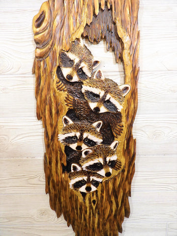 Raccoon Cubs Relief Wood Carving - "5 Raccoon Cubs Cozy Hollow"