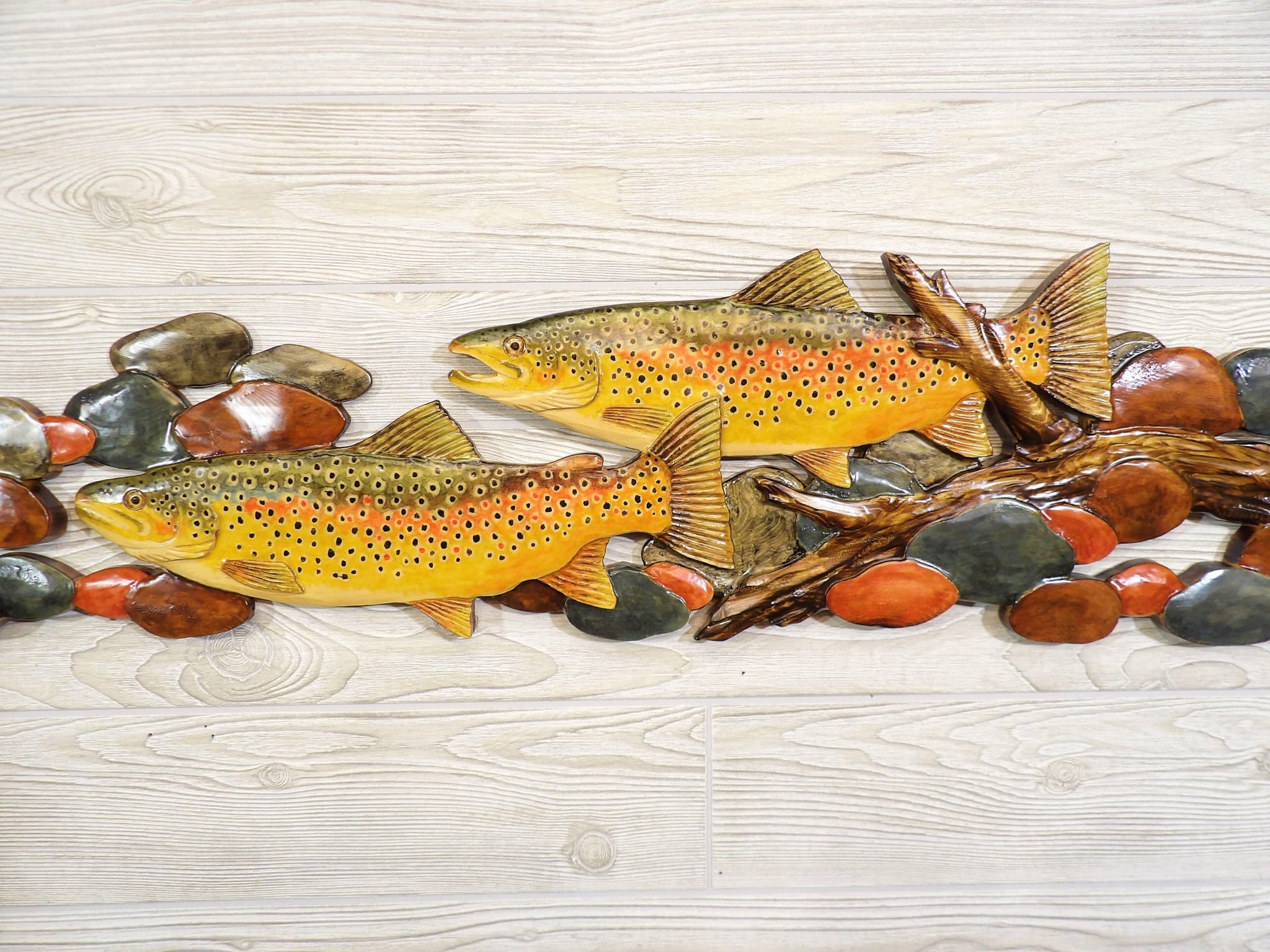 Swimming Trout Relief Wood Carving - "Trout Stream"