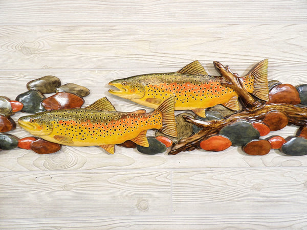 Swimming Trout Relief Wood Carving - "Trout Stream"