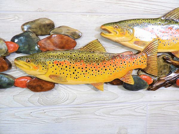 Swimming Trout Relief Wood Carving - "Trout Stream"