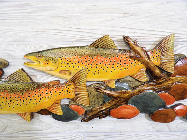 Swimming Trout Relief Wood Carving - "Trout Stream"