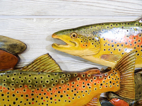 Swimming Trout Relief Wood Carving - "Trout Stream"