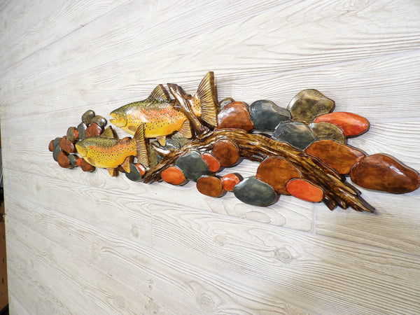 Swimming Trout Relief Wood Carving - "Trout Stream"