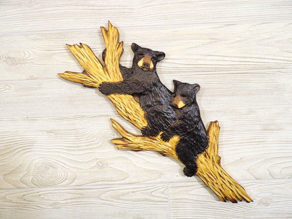 Black Bear Cub Relief Wood Carving - "2 Cozy Cubs up Tree"