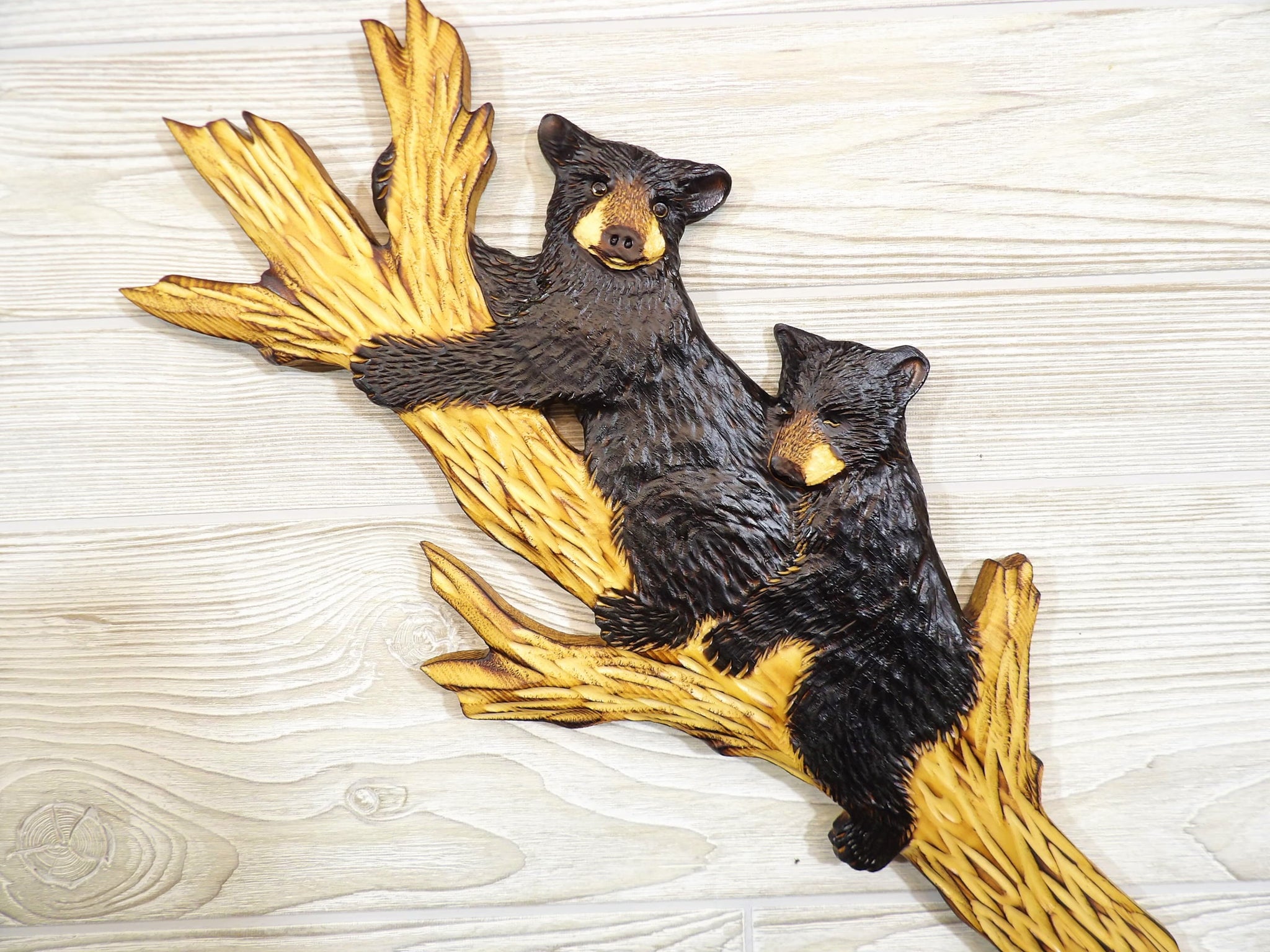 Black Bear Cub Relief Wood Carving - "2 Cozy Cubs up Tree"