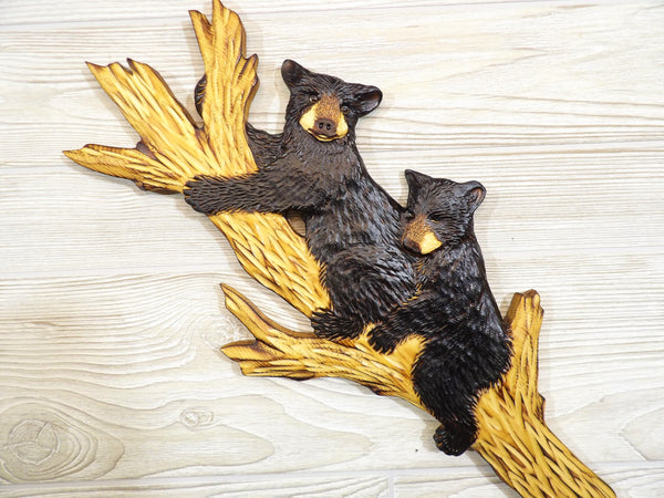 Black Bear Cub Relief Wood Carving - "2 Cozy Cubs up Tree"