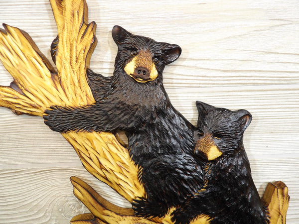 Black Bear Cub Relief Wood Carving - "2 Cozy Cubs up Tree"