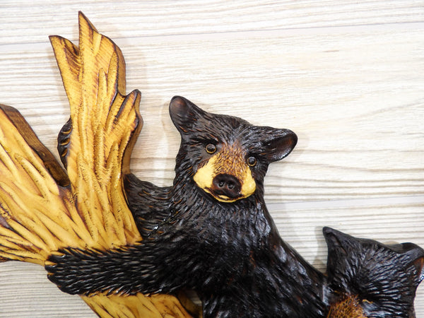 Black Bear Cub Relief Wood Carving - "2 Cozy Cubs up Tree"