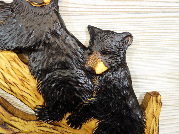 Black Bear Cub Relief Wood Carving - "2 Cozy Cubs up Tree"