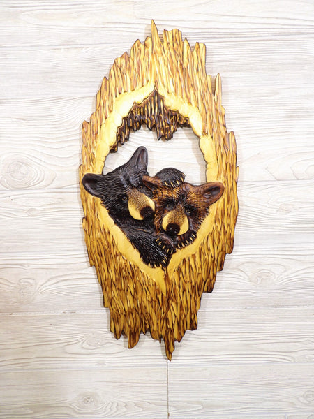 Black Bear Cub Relief Wood Carving - "2 Cubs Cozy Hollow"