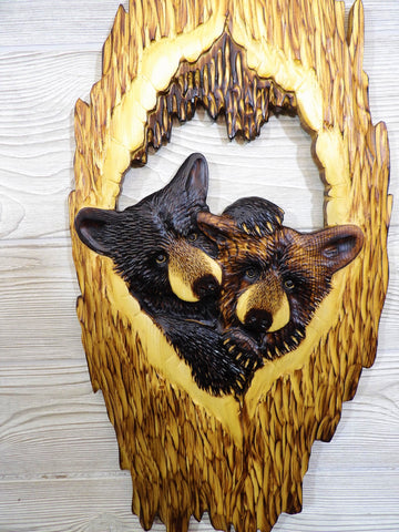 Black Bear Cub Relief Wood Carving - "2 Cubs Cozy Hollow"