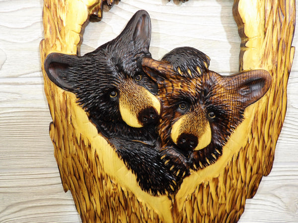 Black Bear Cub Relief Wood Carving - "2 Cubs Cozy Hollow"