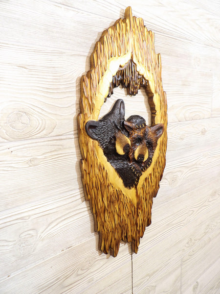 Black Bear Cub Relief Wood Carving - "2 Cubs Cozy Hollow"